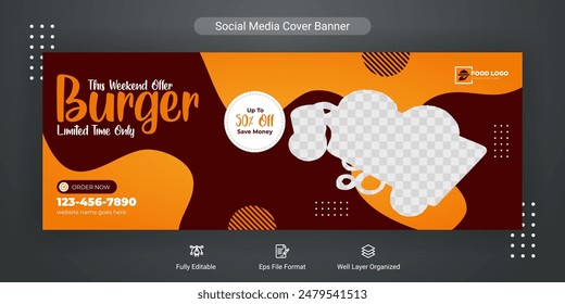 Food menu social media cover post banner template design for restaurant business marketing promotion, Burger cover banner background