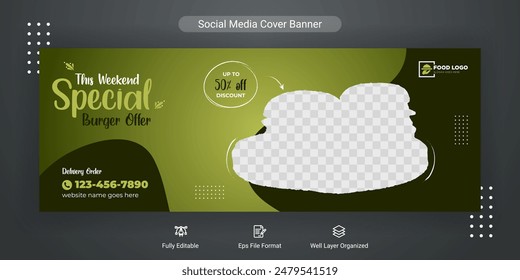 Food menu social media cover post banner template design for restaurant business marketing promotion, Burger cover banner background