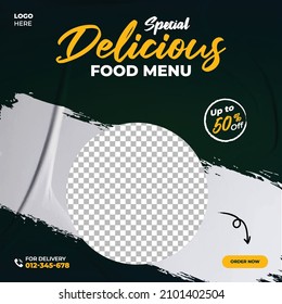 Menú de comida en redes sociales. Menú especial delicioso. Volante de restaurante de fondo oscuro y texto blanco amarillo. Cartel de promoción de alimentos. Pancarta de comida en medios sociales. Espagueti, Tomate, Cebolla