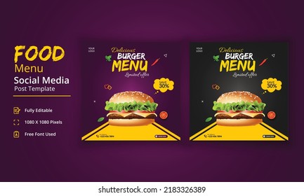 Food Menu Social Media Post Template, Delicious Burger Menu story, Restaurant Social Media Post