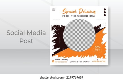 Food menu social media post banner template for promotions. Editable layout design for restaurant marketing on social media.