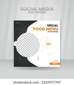 Food menu social media post. square banner template design for food post. Suitable for Social Media Post restaurant and culinary digital Promotion. Layout design for marketing on social media.