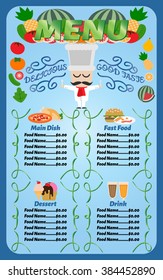 Food menu template vector design with cartoon chef hold spoon and fork with fruits and vegetables on top menu and price group in bottom