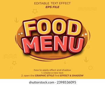 efecto de texto del menú de alimentos, fuente editable, tipografía, texto 3d. plantilla de vector