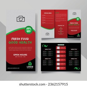 Food menu trifold brochure flyer template design, Unique trifold restaurant brochure vector, Restaurant Healthy luxury food menu Brochure flyer Template design, Editable Food brochure for restaurant