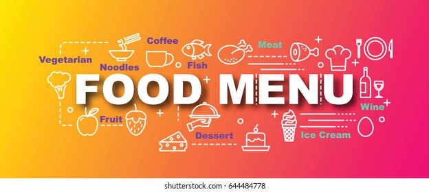 food menu vector trendy banner design concept, modern style with thin line art food icons on trendy colors background