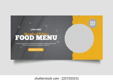 Banner web del menú de comida publicación en medios sociales con plantilla de promoción de banners de portada social de restaurante