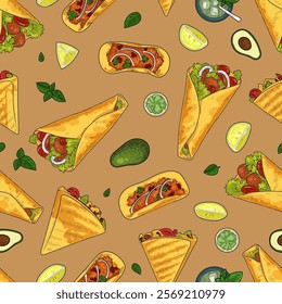 Food Mexican seamless pattern. Tortilla and shawarma. Fastfood packaging. Sketch style drawing. Taco restaurant. Decor textile, wrapping, wallpaper design. Kitchen print for fabric. Vector background