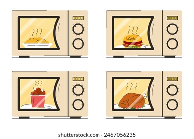 Lebensmittel in Mikrowellen-Vektorgrafik isoliert. Illustration von Produkten im Elektroofen. Essen kochen. Huhn, Burger und Brei.