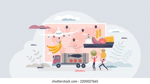 Food miles as distance from grocery making to consumer tiny person concept. Worldwide fruits, meat and vegetables shipping service with plane, ship or trucks burning fossil fuel vector illustration.