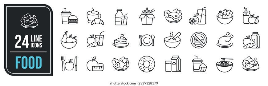 Food minimal thin line icons. Related fresh fruit, vegetable, coffe, salad, meat. Vector illustration.