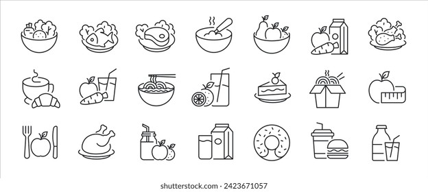 Food minimal thin line icons. Related fresh fruit, vegetable, coffe, salad, meat. Vector illustration.