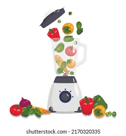 Food mixer, blender with fruits, vegetables. Variety of ingredients:persimmon,pepper,spinach,onion,tomato,carrot,Brussels sprouts. Healthy eating. Fitness and body care concept. Smoothie preparation