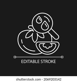 Food moisture content testing white linear icon for dark theme. Product water amount measurement. Thin line customizable illustration. Isolated vector contour symbol for night mode. Editable stroke