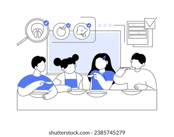 Food monitoring programmes abstract concept vector illustration. Group of kids eating meal together, public health medicine, preventative medicine, food monitoring programmes abstract metaphor.