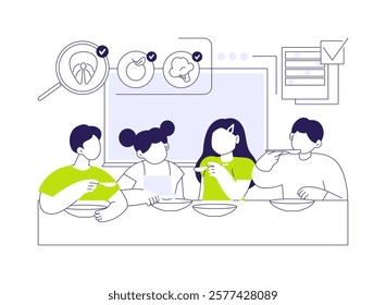 Food monitoring programmes abstract concept vector illustration. Group of kids eating meal together, public health medicine, preventative medicine, food monitoring programmes abstract metaphor.