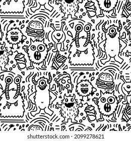 Food monsters pattern. Vector cute design. Fast food illustration icons. Repeating and editable. Can use as print, wall decoration, for restaurant, fashion ect. 