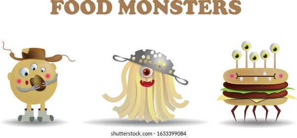 FOOD MONSTERS. Vector image: potato monster, pasta monster, monster hamburger.