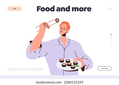 Food and more landing page design template with cartoon man character eating sushi with chopstick