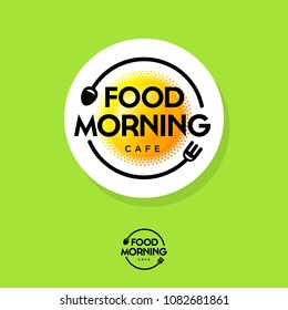 Food Morning logo. Breakfast cafe emblem. Fried egg like sun, fork and spoon on a green background. Typography. Lettering design.