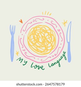 Comida é a minha língua amorosa, letras engraçadas. Itália mediterrâneo La Dolce Vita costa doodle comida, prato de massa mão desenhada vetor, italiano café de verão ou restaurante vetor arte para t. Ilustração 3D