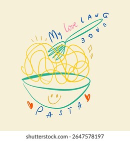 Comida é a minha língua amorosa, letras engraçadas. Itália mediterrâneo La Dolce Vita costa doodle comida, prato de massa mão desenhada vetor, italiano café de verão ou restaurante vetor arte para t. Ilustração 3D