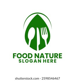 Food nature logo design vector template. Food with leaf, fork, knife, spoon logo design icon