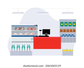 Food needs available in supermarkets, meat and vegetables, vector illustration.