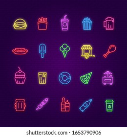 Food neon icons. Burger, ice cream and drinks, hot dog and pizza color sign. Night bar or restaurant or cafe glowing vector symbols