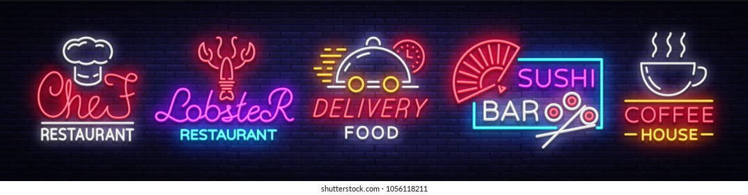 Food neon sign vector collection. Set neon logos, emblems, symbols, Chief Restaurant, Lobster Restaurant, Food Delivery, Sushi Bar, Coffee House. Design templates, Neon Billboard