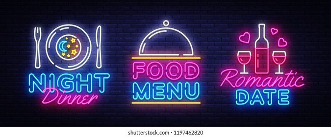 Food Night Set Neon Sing, Label And Logo. Romantic Dinner Banner Design Template, Logo, Emblem And Label. Restaurant Menu Bright Signboard, Nightly Bright Advertising. Movie Logo. Vector Illustration