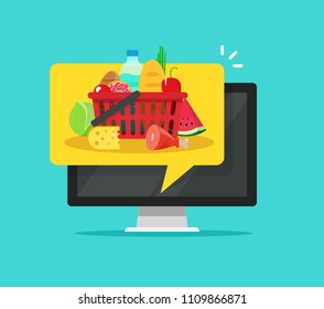 Food notice on computer screen vector illustration, flat cartoon grocery food inside notification of pc, concept of electronic food delivery info note, online delivery app icon modern design isolated