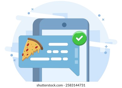 food notification concept. Mobile phone with pizza notification on screen, flat cartoon mobile phone with food delivery notification, smart phone with speech bubble and check mark. vector illustration