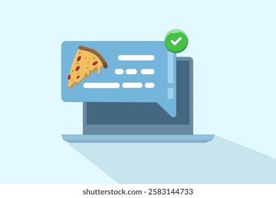 food notification concept. Mobile phone with pizza notification on screen, flat cartoon mobile phone with food delivery notification, smart phone with speech bubble and check mark. vector illustration