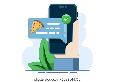 food notification concept. Mobile phone with pizza notification on screen, flat cartoon mobile phone with food delivery notification, smart phone with speech bubble and check mark. vector illustration