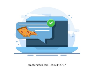 food notification concept. Mobile phone with pizza notification on screen, flat cartoon mobile phone with food delivery notification, smart phone with speech bubble and check mark. vector illustration