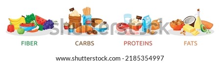 Food nutrients. Carbohydrate meal. Protein grain. Fat in meat and cheese. Carbs in fiber. Nutrition products. Microelements category. Diet types. Eating complex. Vector illustration set