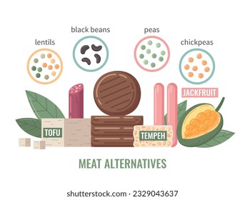 Food nutrition flat composition with beans and soy meat alternatives vector illustration