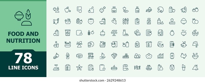 Food And Nutrition icon. Included nature, vegetables, fat, lifestyle, sugar, meal, carbohydrate and more. Lifestyle icon set. Trendy minimal icons. Editable stroke.