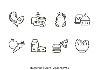 Food nutrition icon set. Thin line editable stroke icons for healthy eating, food categories, diet balance, ingredients, meals, fresh produce, and nutrition plans