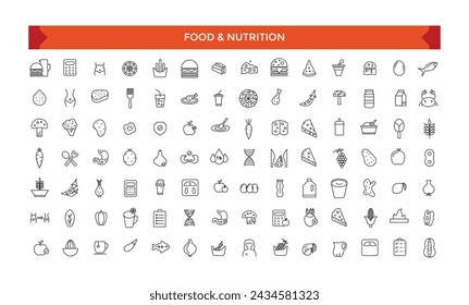 Food and Nutrition icons related to wellness, mental health, healthcare, cosmetics, spa, medical. Outline icon collection.