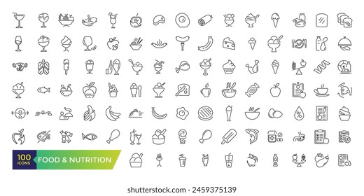 Conjunto de iconos de alimentos y nutrición. Paquete de trazos editable. Colección de iconos de esquema.