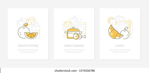 Food and nutrition - line design style banners. Healthy eating, home cooking, lunch ideas thin line illustrations with icons and place for text. Images of meals, vegetables and fruit, homemade dishes