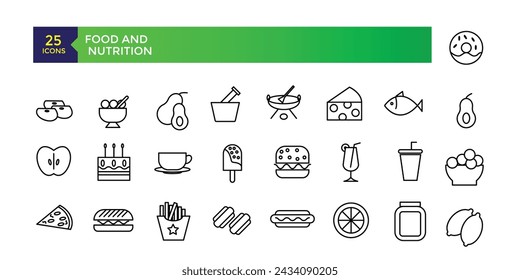 Food and Nutrition line icons related to wellness, mental health, healthcare, cosmetics, spa, medical. Outline icon collection.Vector illustration.