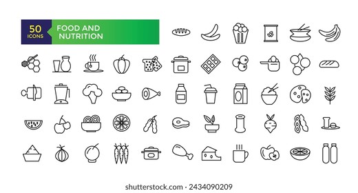 Food and Nutrition line icons related to wellness, mental health, healthcare, cosmetics, spa, medical. Outline icon collection.Vector illustration.