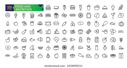 Food and Nutrition line icons related to wellness, mental health, healthcare, cosmetics, spa, medical. Outline icon collection.Vector illustration.