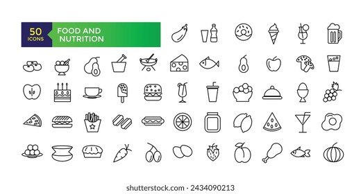 Food and Nutrition line icons related to wellness, mental health, healthcare, cosmetics, spa, medical. Outline icon collection.Vector illustration.