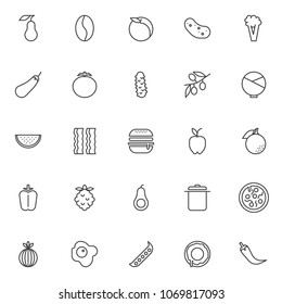 Food nutrition outline icons set. linear style symbols collection, line signs pack. vector graphics. Set includes icons as pear fruit, coffee bean, potato vegetable, broccoli, aubergine, tomato 