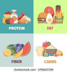 Food nutrition. Proteins fats carbohydrates fiber health products for natural diet nutrition group garish vector cartoon illustrations