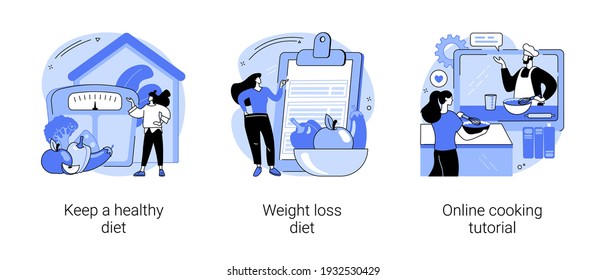 Food and nutrition tips abstract concept vector illustration set. Keep a healthy diet, weight loss, online cooking tutorial, meal plan, drink water, home chef, food blogger recipe abstract metaphor.